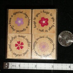 Set of 4 Rubber Wood Mounted Stamps with flowers and messages by Hero Arts- Seal